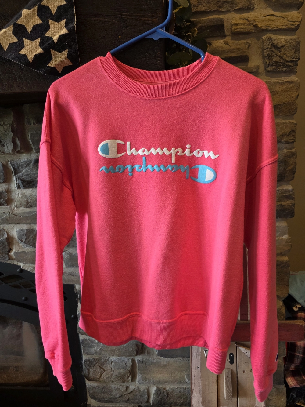 NWOT Champion Hot Pink Sweatshirt with Blue and White Logo WOMENS SIZE MED.